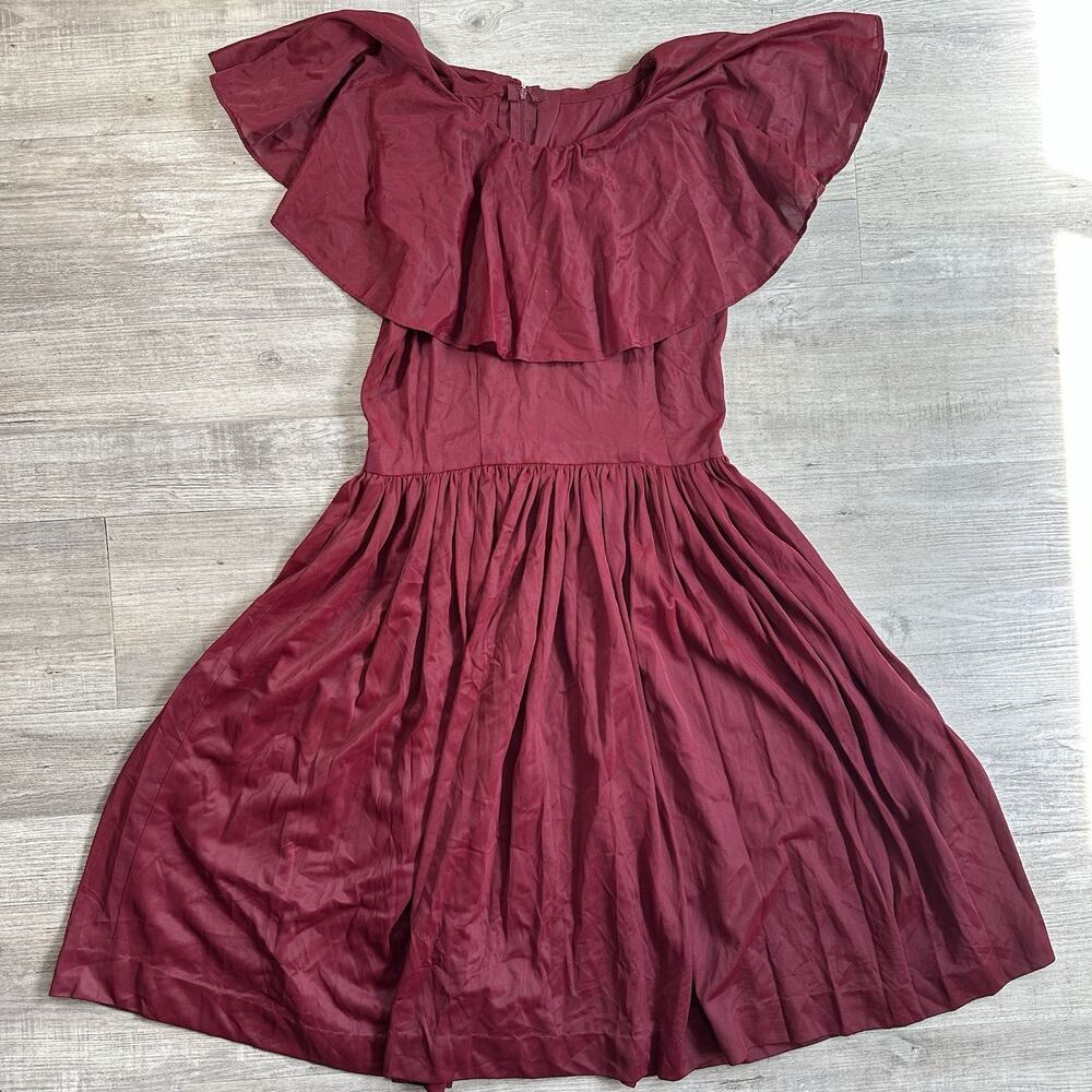 Vintage Burgundy Ruffle Midi Dress Butterfly Sleeve Zip Hand Made